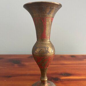 Vintage Brass Bud Vase Red Etched Painted Made in India 5 inches